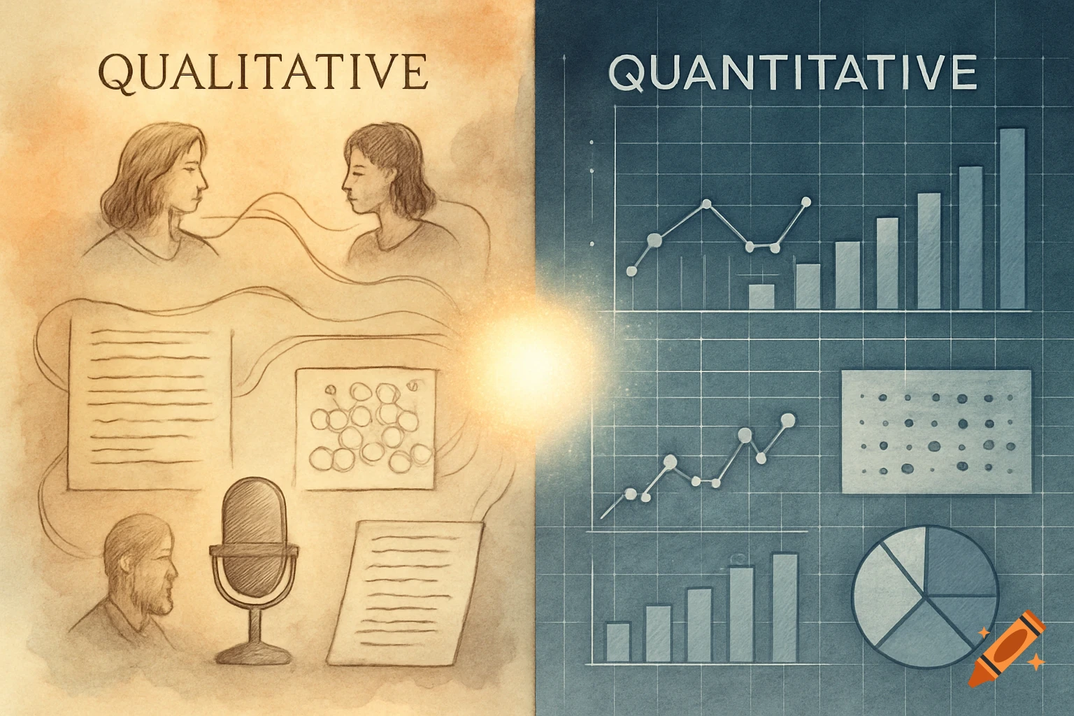 Hand-drawn illustration split into qualitative and quantitative. Qualitative has sketches of people and documents; quantitative has charts.