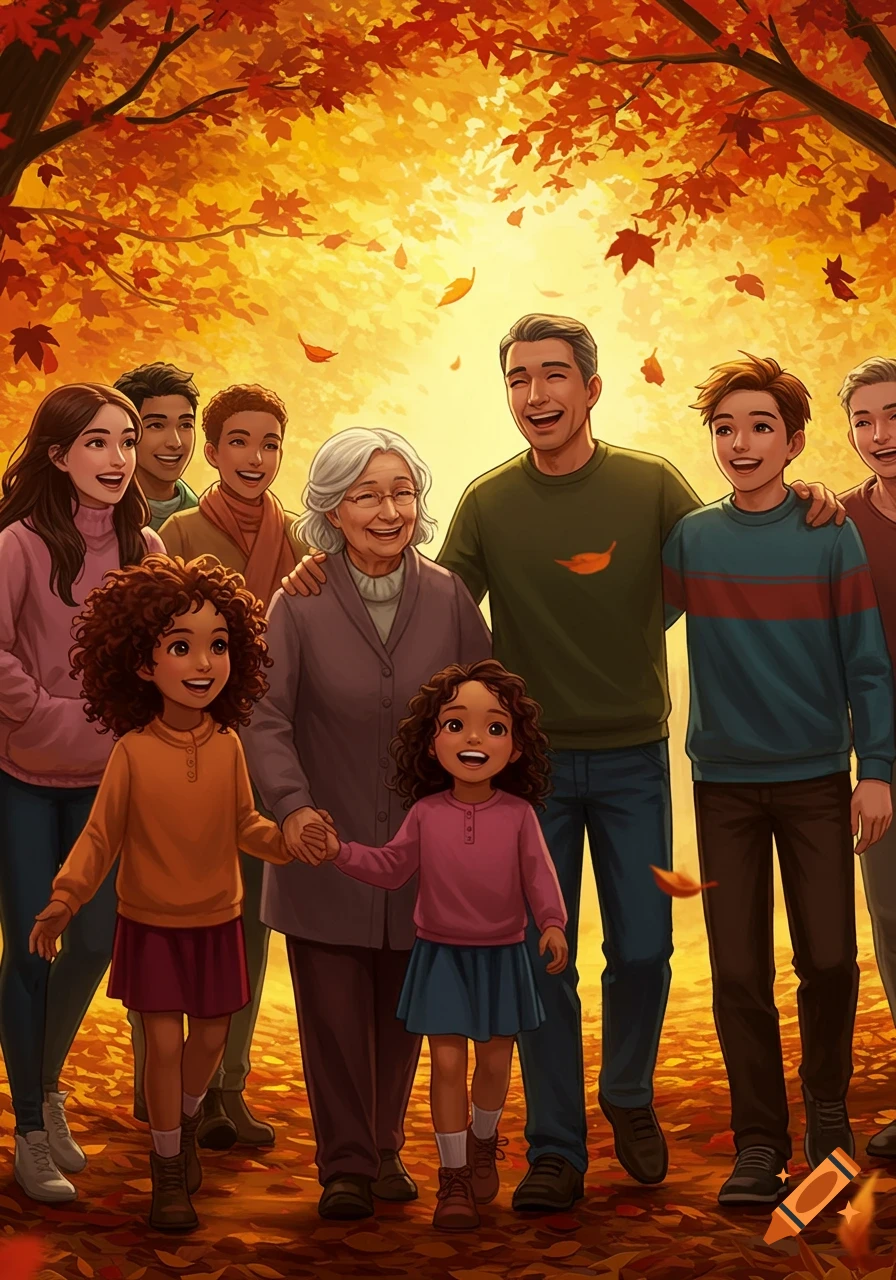 A happy, multi-generational family smiles while walking hand-in-hand on a path covered in vibrant autumn leaves, in an illustration style.