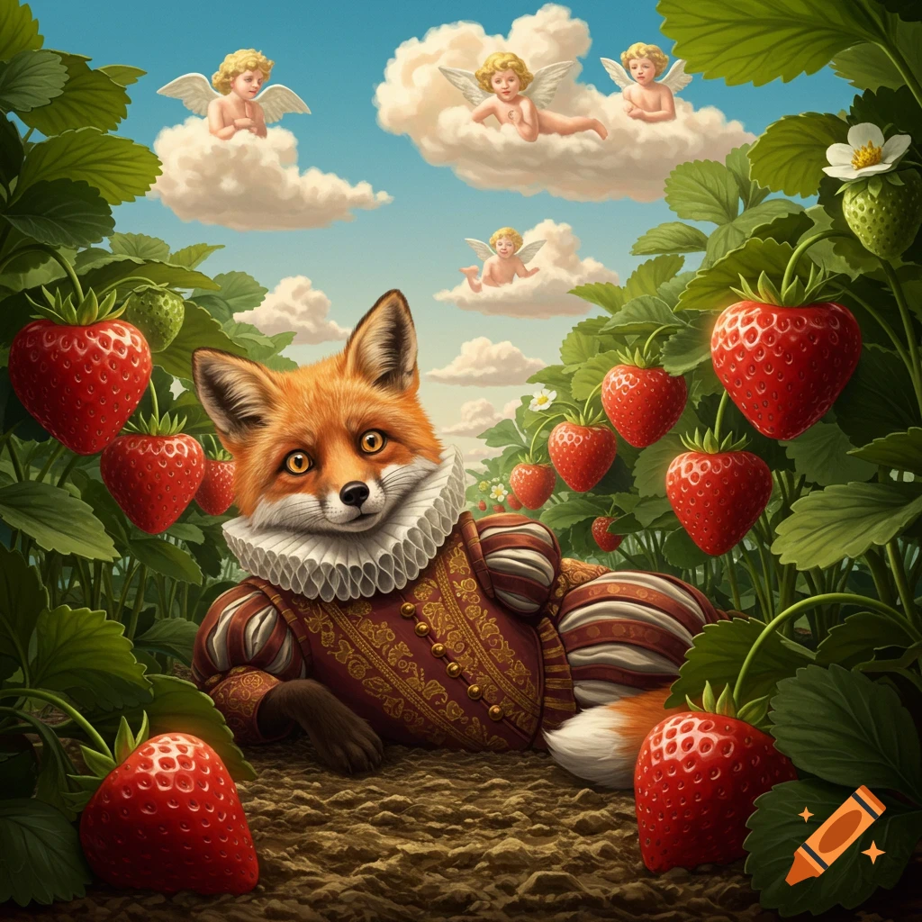 A fox in a regal, ruffled collar and striped doublet lies in a strawberry patch, with cherubs floating in the clouds above.