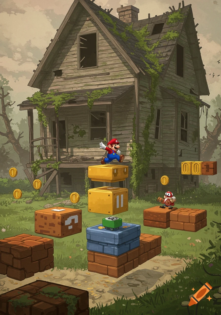 Mario jumps over Super Mario blocks and coins in front of a vine-covered dilapidated house, with a Goomba, in a stylized illustration.