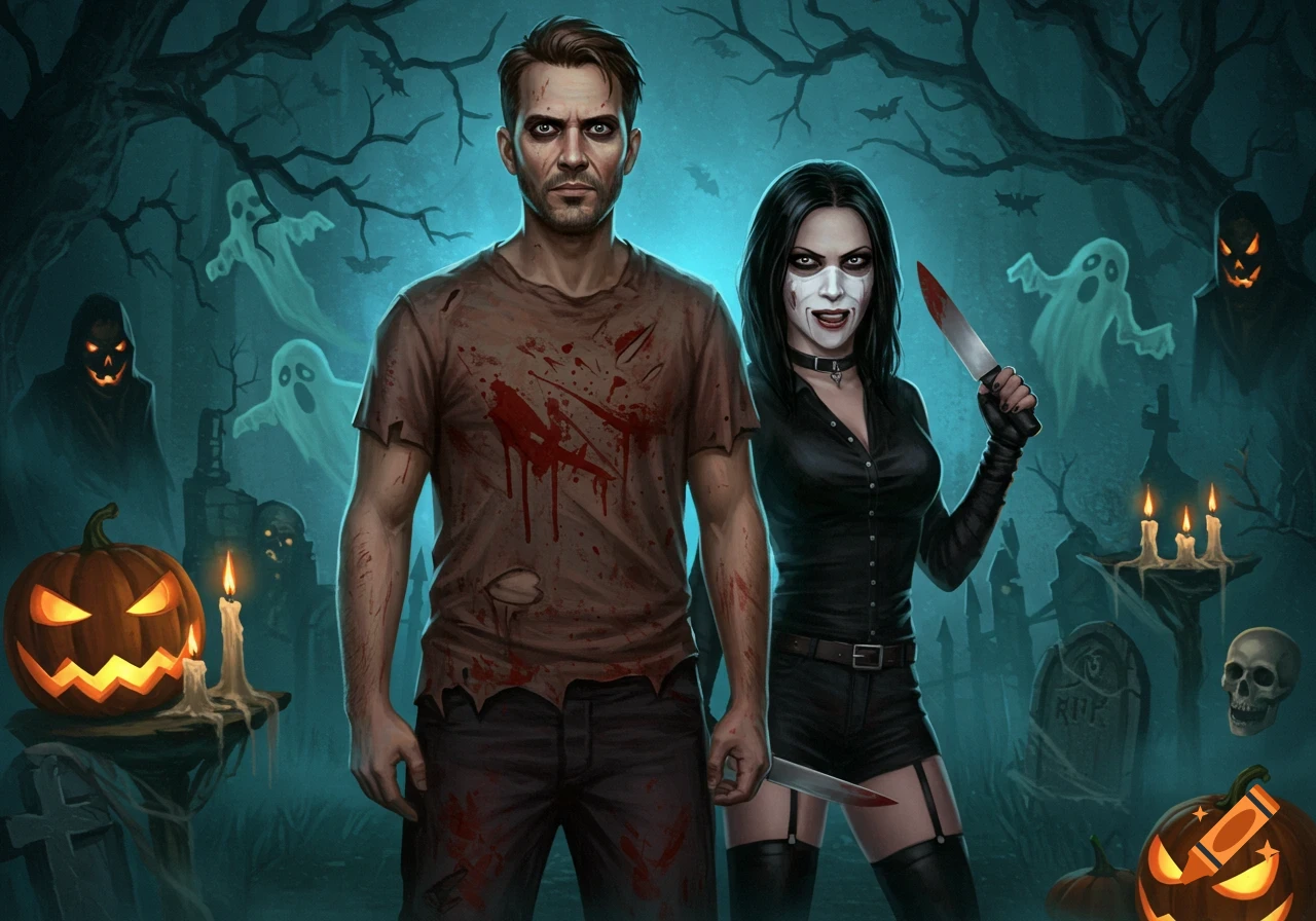 A man in a bloody shirt and a woman dressed as a killer with a knife stand in a spooky Halloween graveyard with ghosts, pumpkins, and candles.
