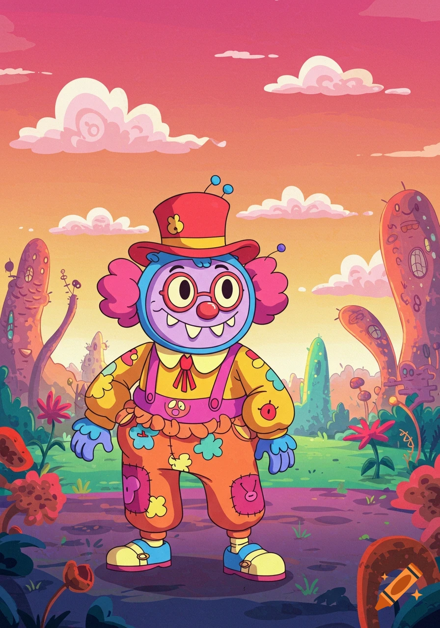 A vibrant cartoon character wearing a top hat and colorful overalls stands in a whimsical, alien-like landscape.