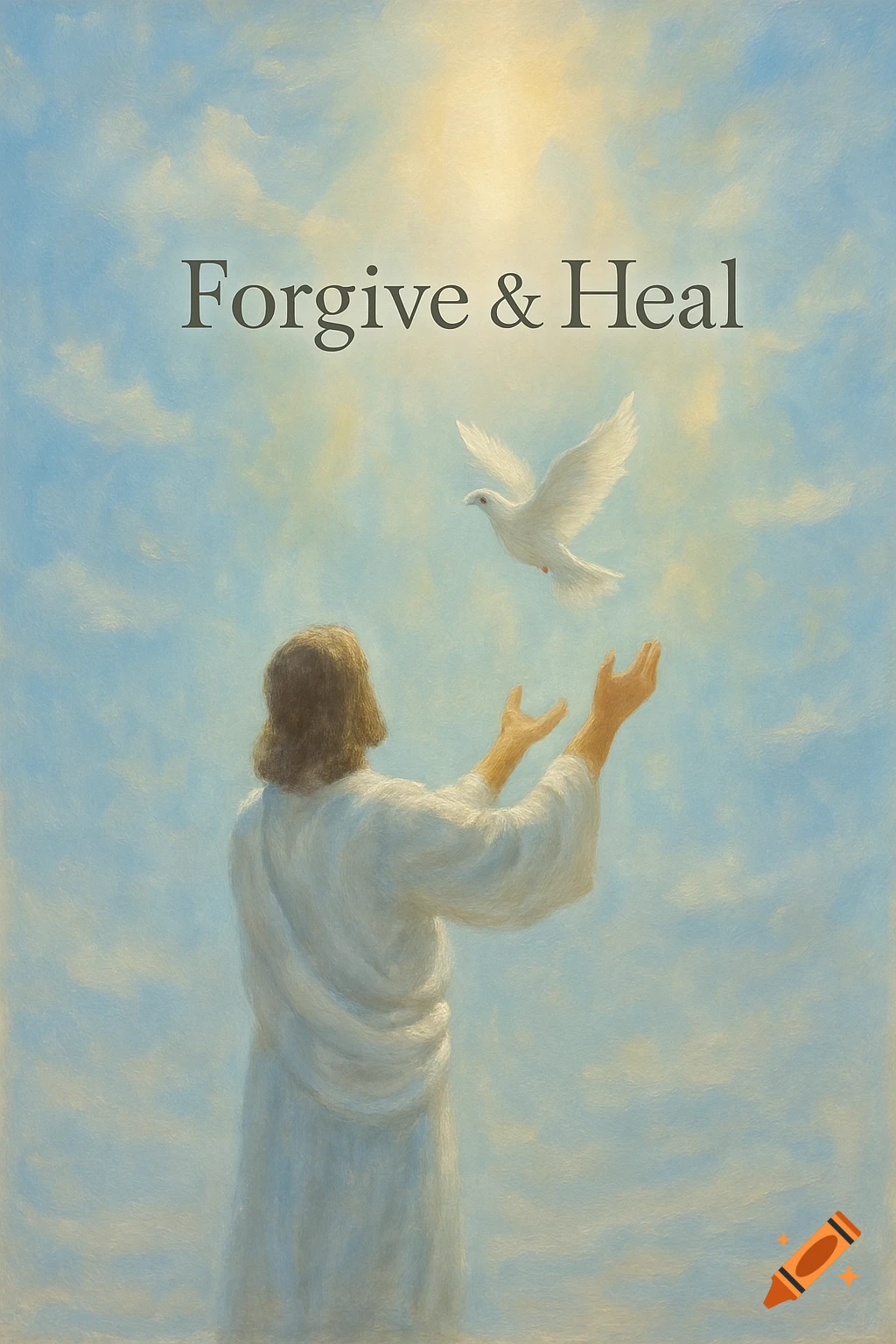 A painting of a Jesus-like figure from behind, arms raised towards a white dove in a cloudy, light-filled sky. Text reads "Forgive & Heal".