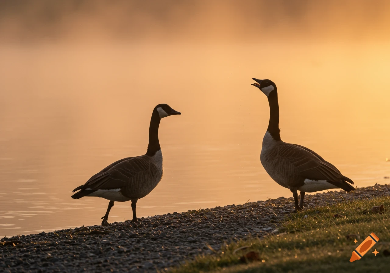 Two Canadian geese by a misty lake at sunrise, one walking and one honking in a photorealistic style.