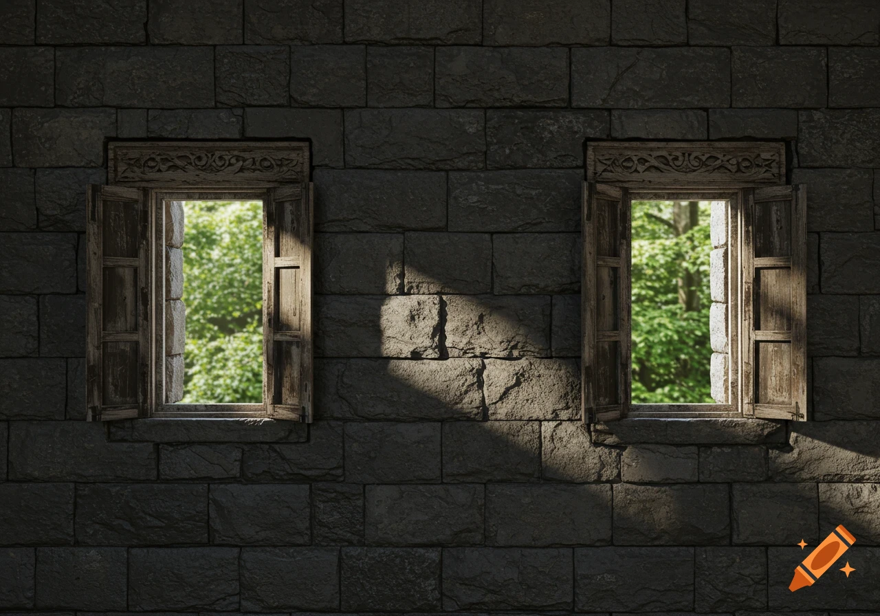 Two weathered wooden windows are open on a dark stone wall, revealing bright green foliage outside. Sunlight shines diagonally across the wall.