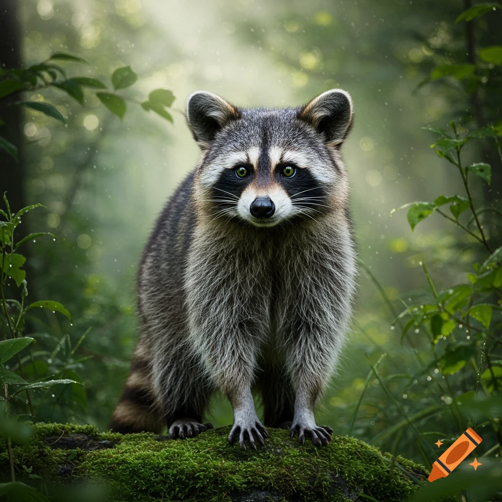 A photorealistic close-up of a raccoon with striking green eyes standing on moss in a lush, misty forest.