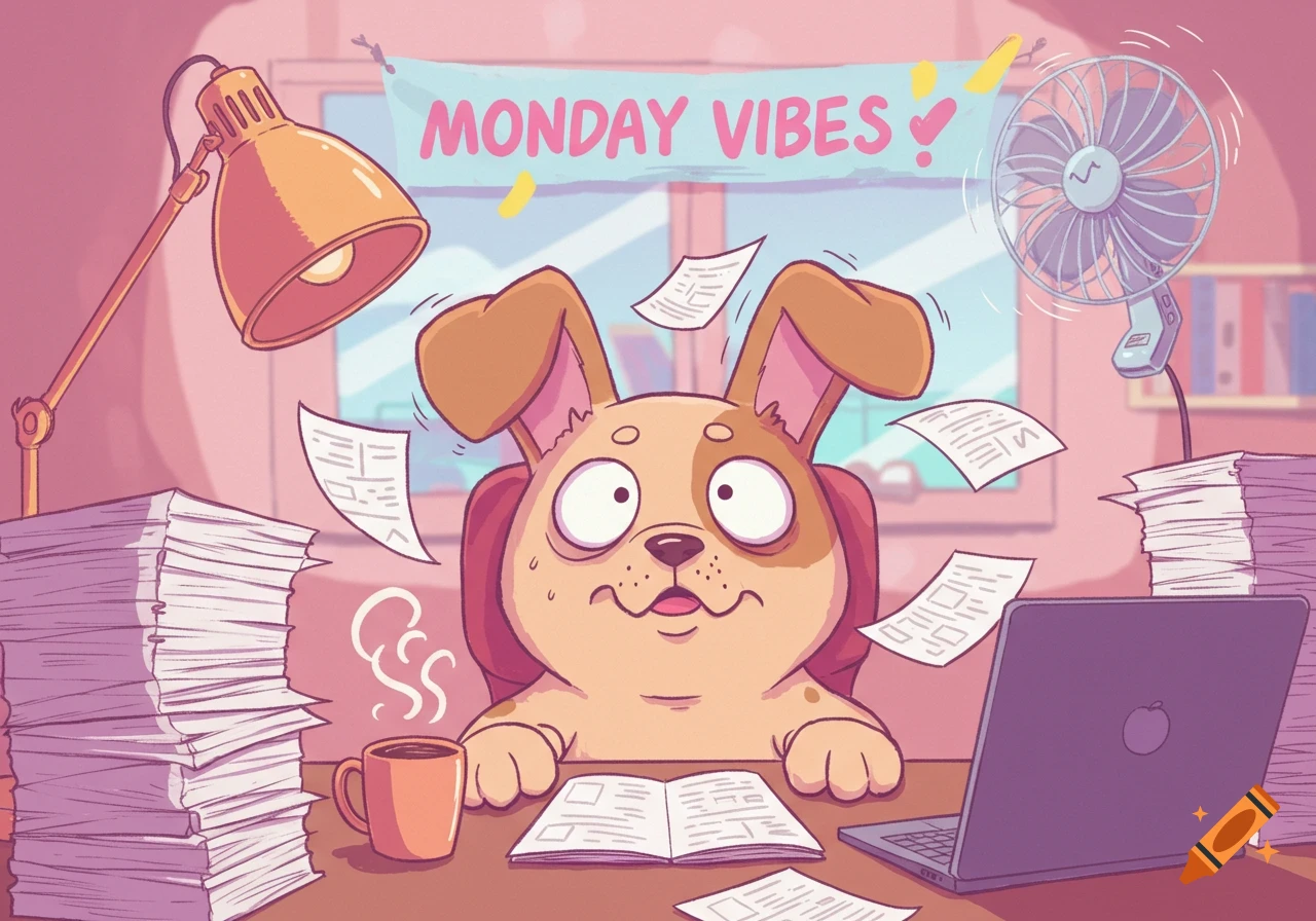 A stressed cartoon dog sits at a messy desk with a laptop, coffee, and papers flying around, under a banner reading "MONDAY VIBES!".