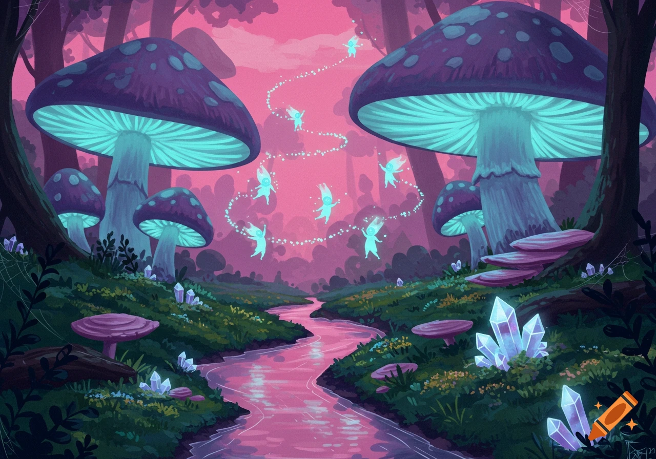 A whimsical fantasy forest with large glowing blue mushrooms, a pink river, and small, glowing fairies dancing among sparkling trails.