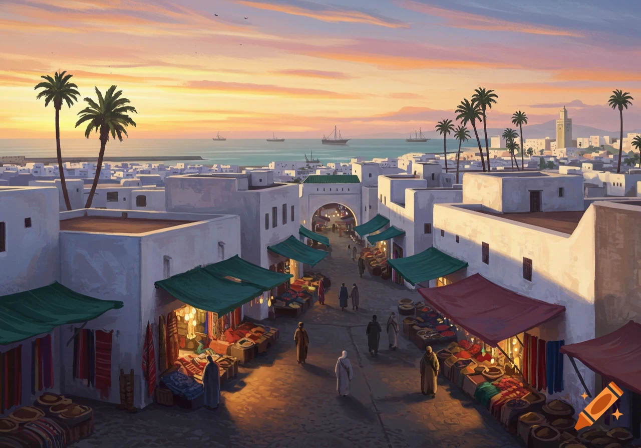 Vibrant illustration of a Moroccan coastal city market at sunset, with white buildings, palm trees, vendors, and ships.