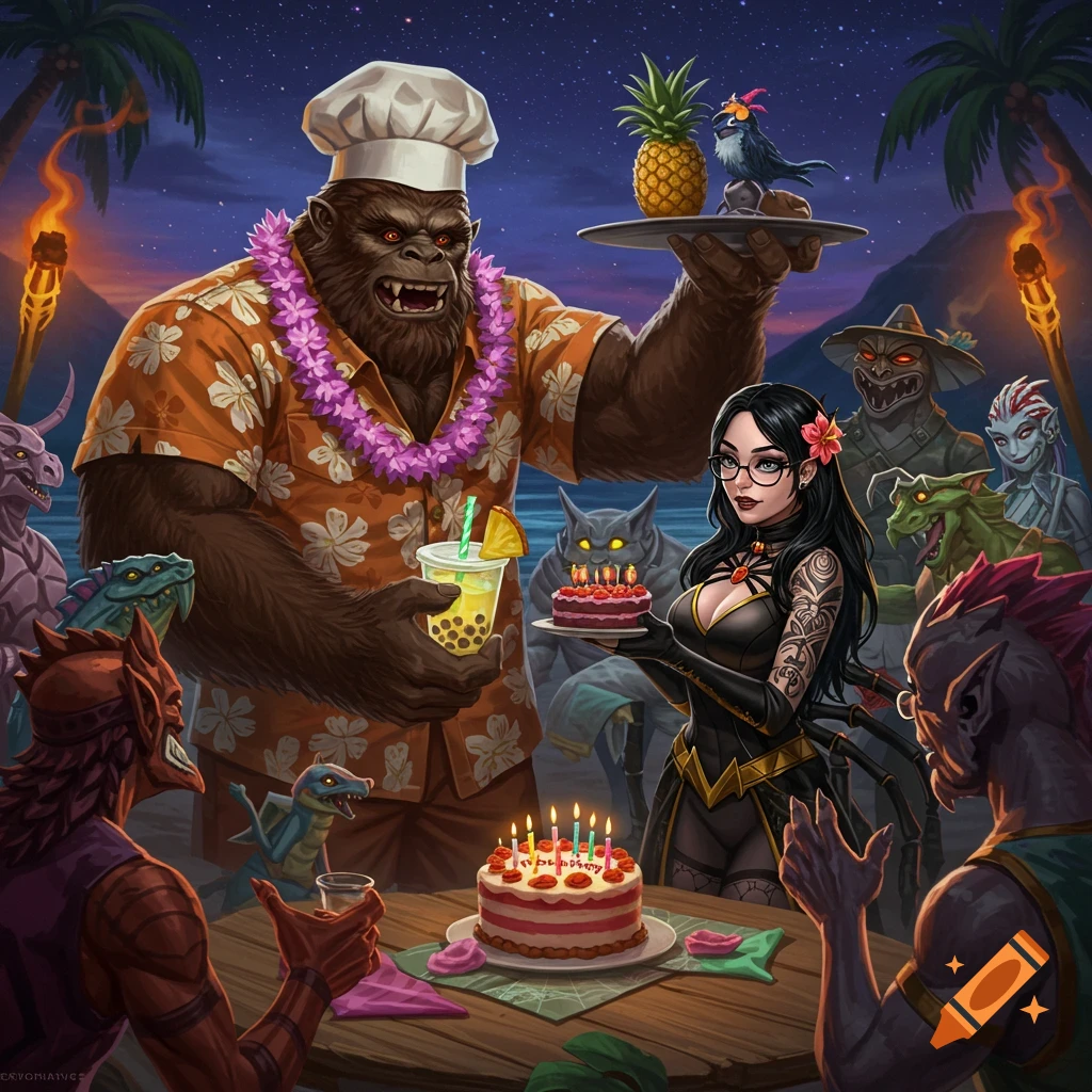 A Sasquatch chef serves boba tea at a Hawaiian tiki bar beach party for a diverse group of mythical monsters celebrating a woman's birthday.