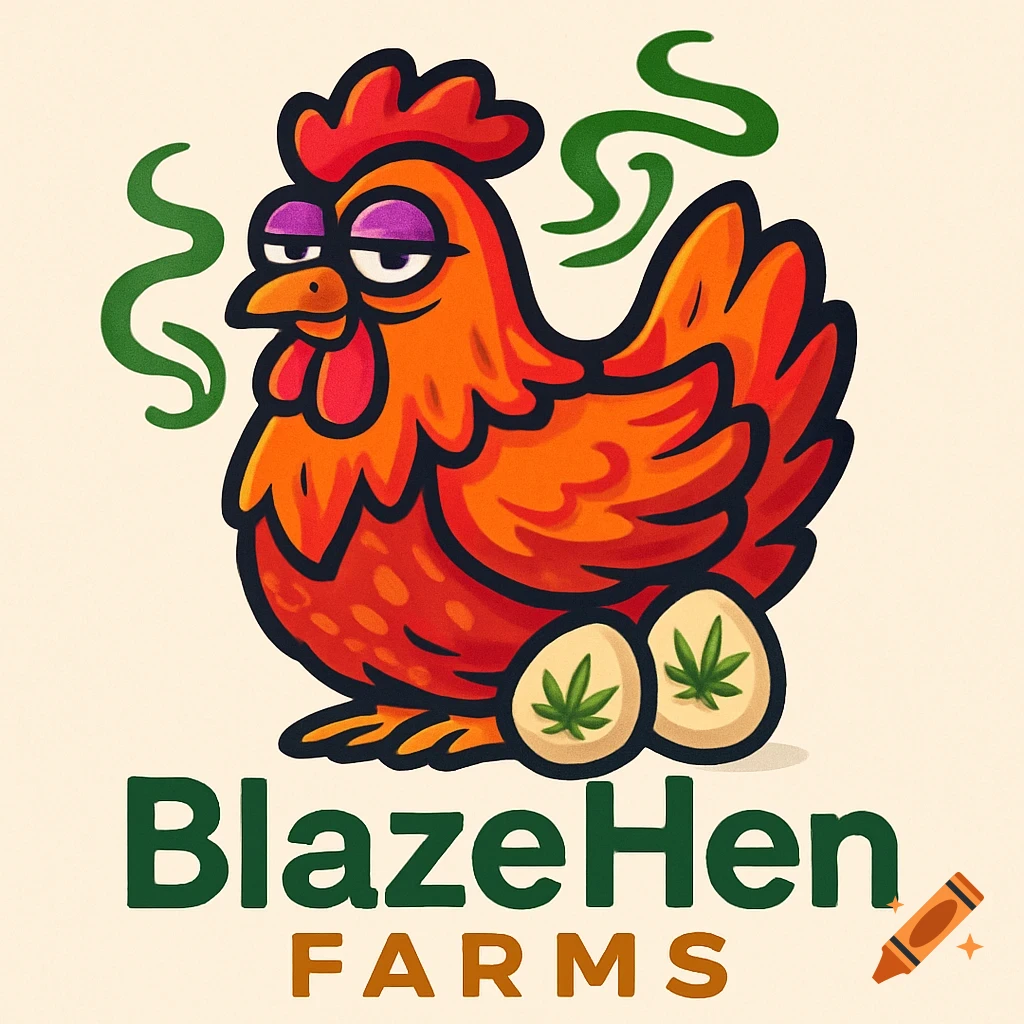 A cartoon logo of a red chicken with droopy eyes, emitting green smoke, sitting on two cannabis-leaf eggs with text 'BlazeHen FARMS'.