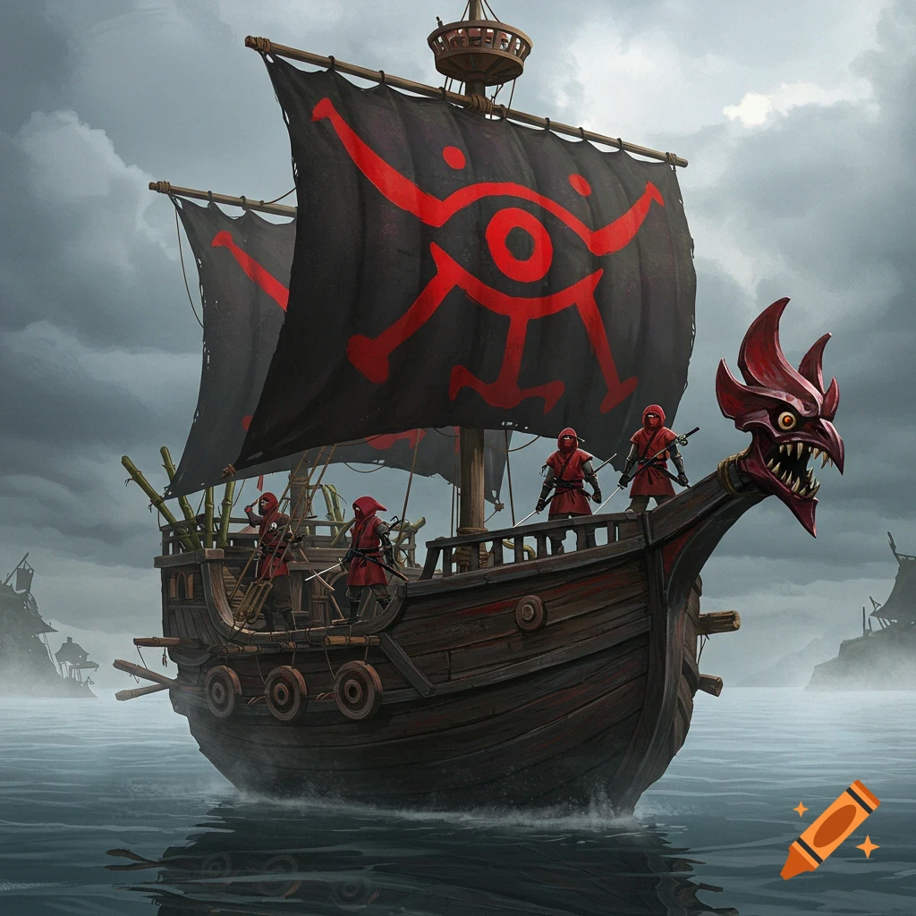 A dark fantasy pirate ship with a red dragon figurehead, black sails featuring a red eye symbol, and red-clad ninja warriors, on misty water.