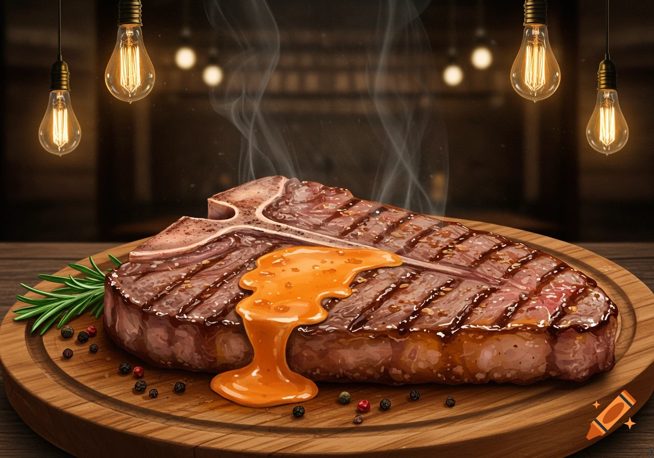 A steaming T-bone steak with orange buffalo sauce, rosemary, and peppercorns on a wooden board, under glowing light bulbs in a dark setting.