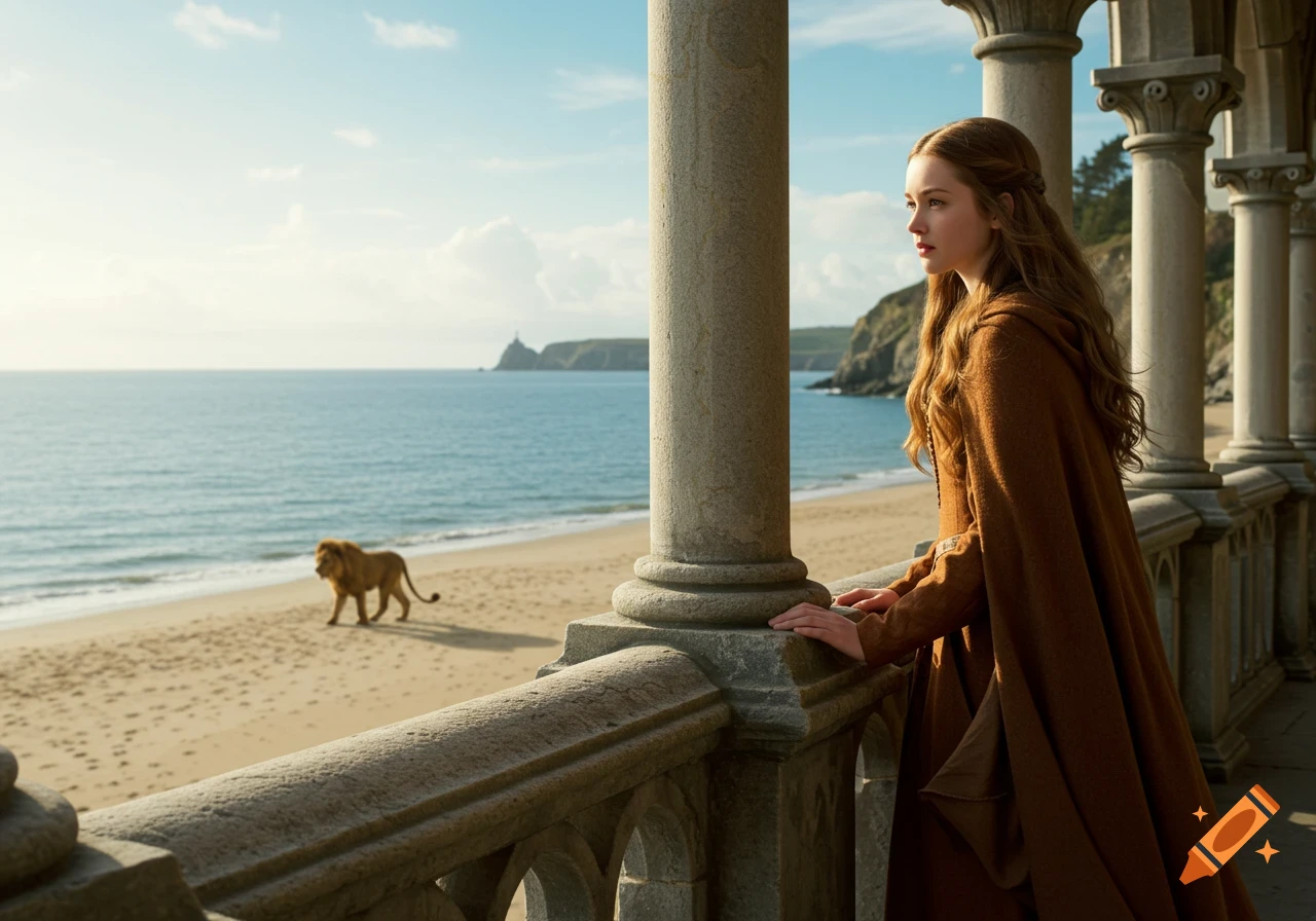 A young woman in a brown cloak looks from a stone balcony at a lion walking on a sunny beach by the sea.