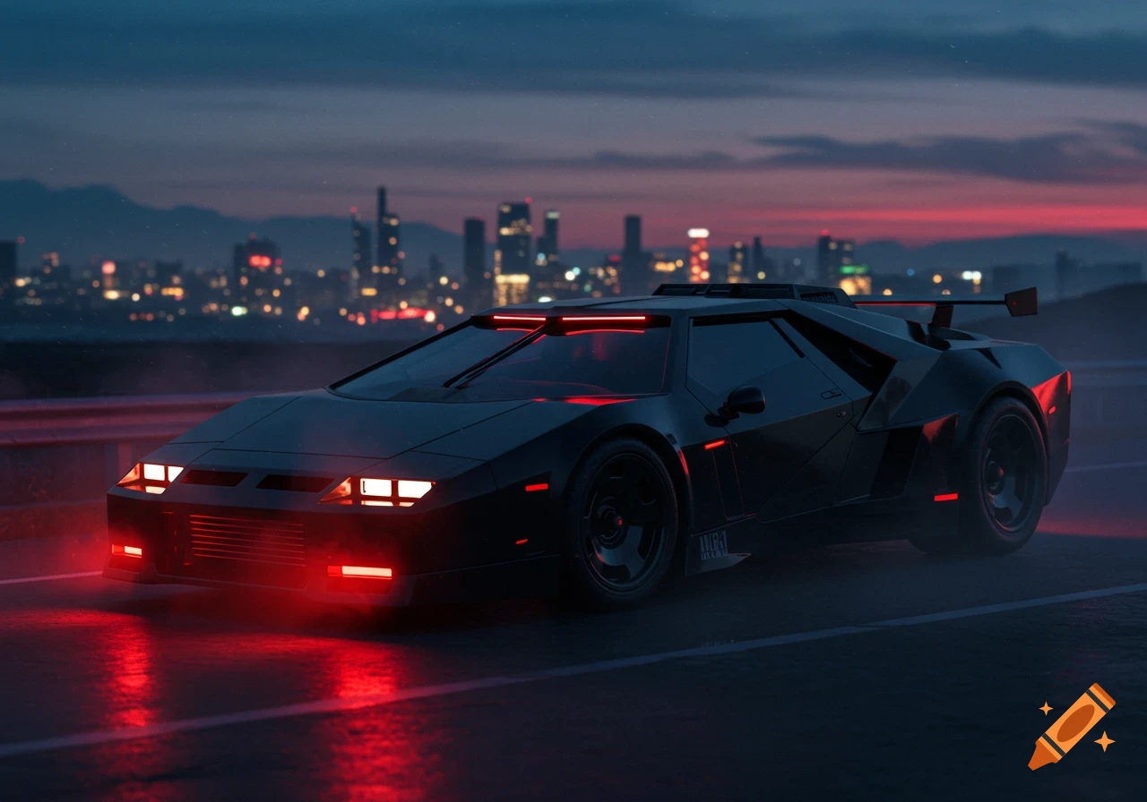 A sleek, dark, futuristic car with red glowing lights sits on a road at dusk, with a city skyline in the background.