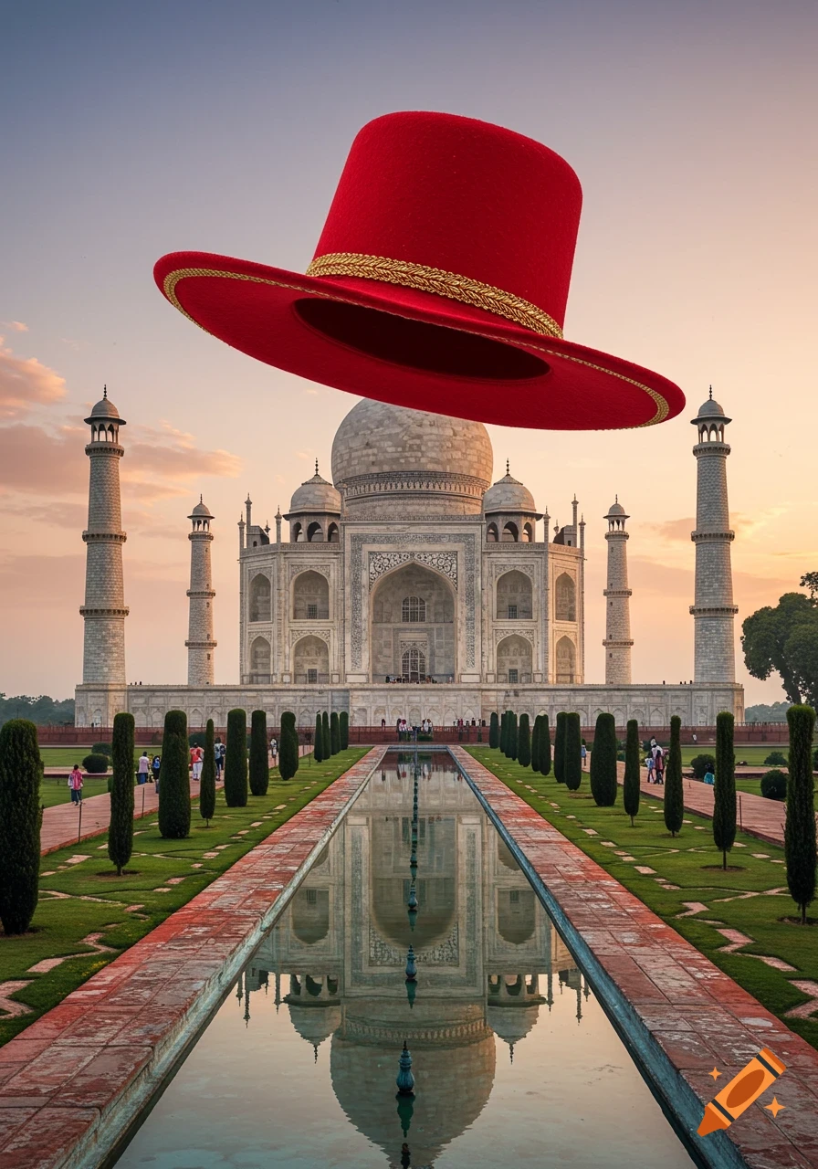 A large red hat with a gold band floats above the Taj Mahal, reflected in the long garden pool at sunset.