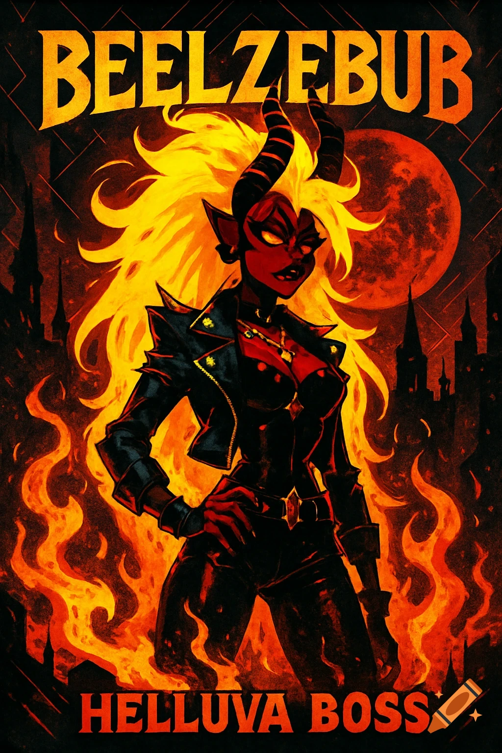 Cartoon demon woman, Beelzebub from Helluva Boss, with horns, fiery hair, and a leather jacket, stands in flames under a red moon.