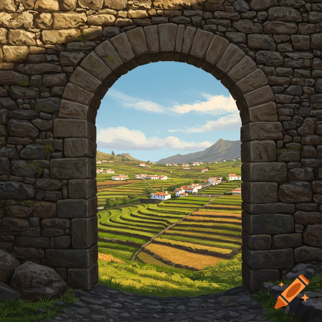 A stone archway frames a view of a rural landscape with terraced fields and a village of white houses under a blue sky.