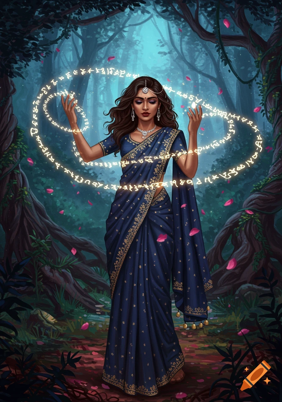 A witchy Desi woman in a blue sari casts a spell, surrounded by glowing mystical script in a dark, enchanting forest with pink petals falling.