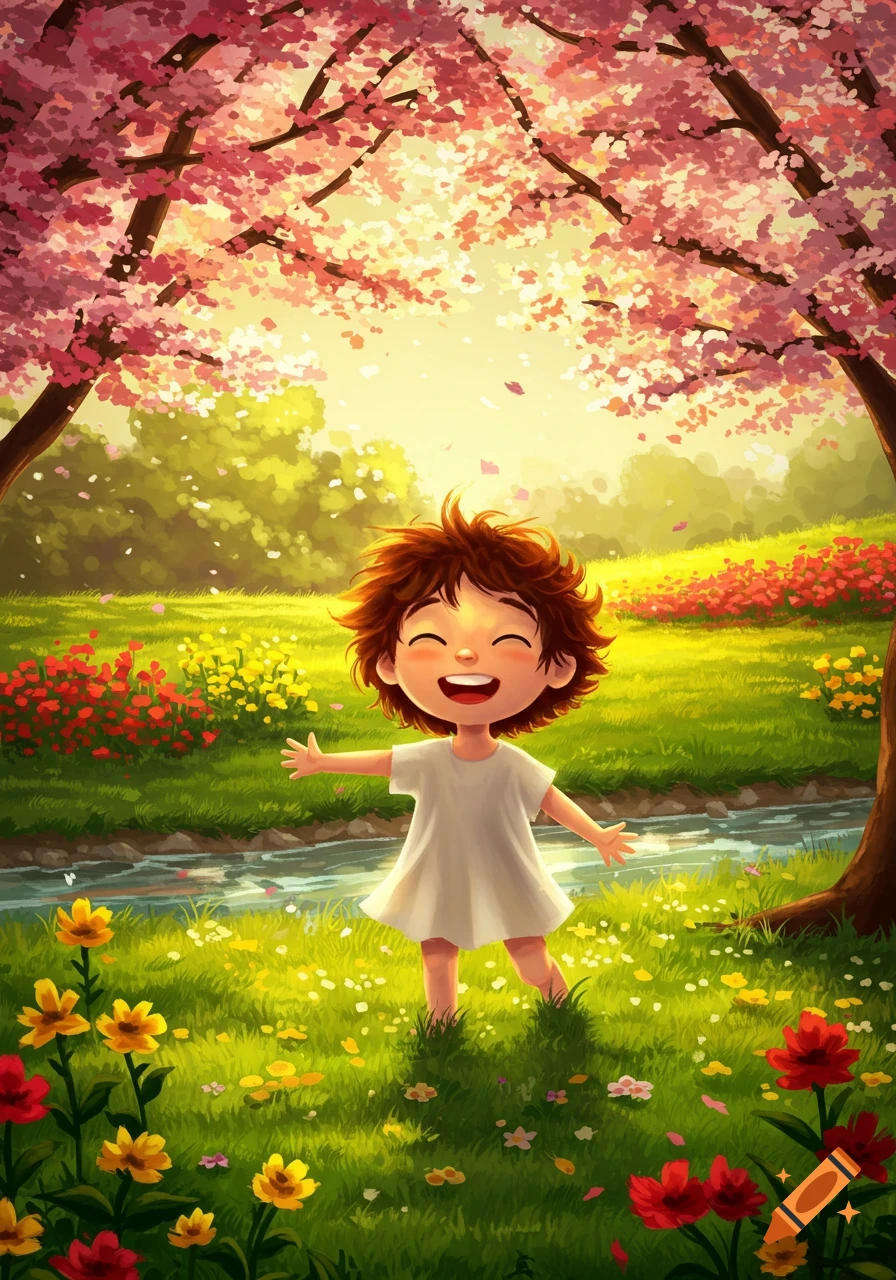 A happy cartoon child with outstretched arms smiles in a sunny spring meadow filled with colorful flowers and cherry blossom trees.
