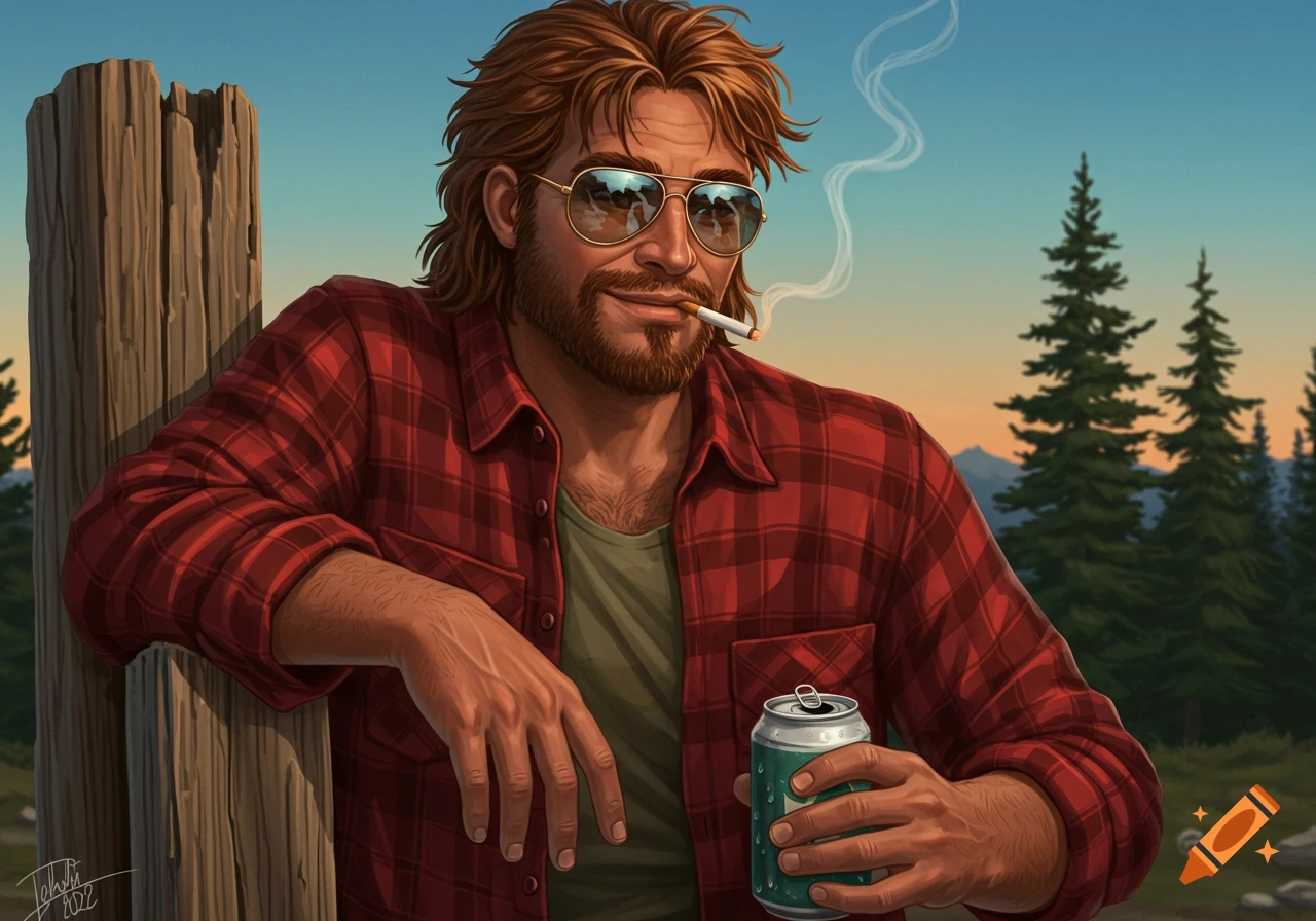 Illustrated portrait of a man with a mullet, beard, and sunglasses, smoking a cigarette and holding a beer, leaning on a wooden post outdoors.