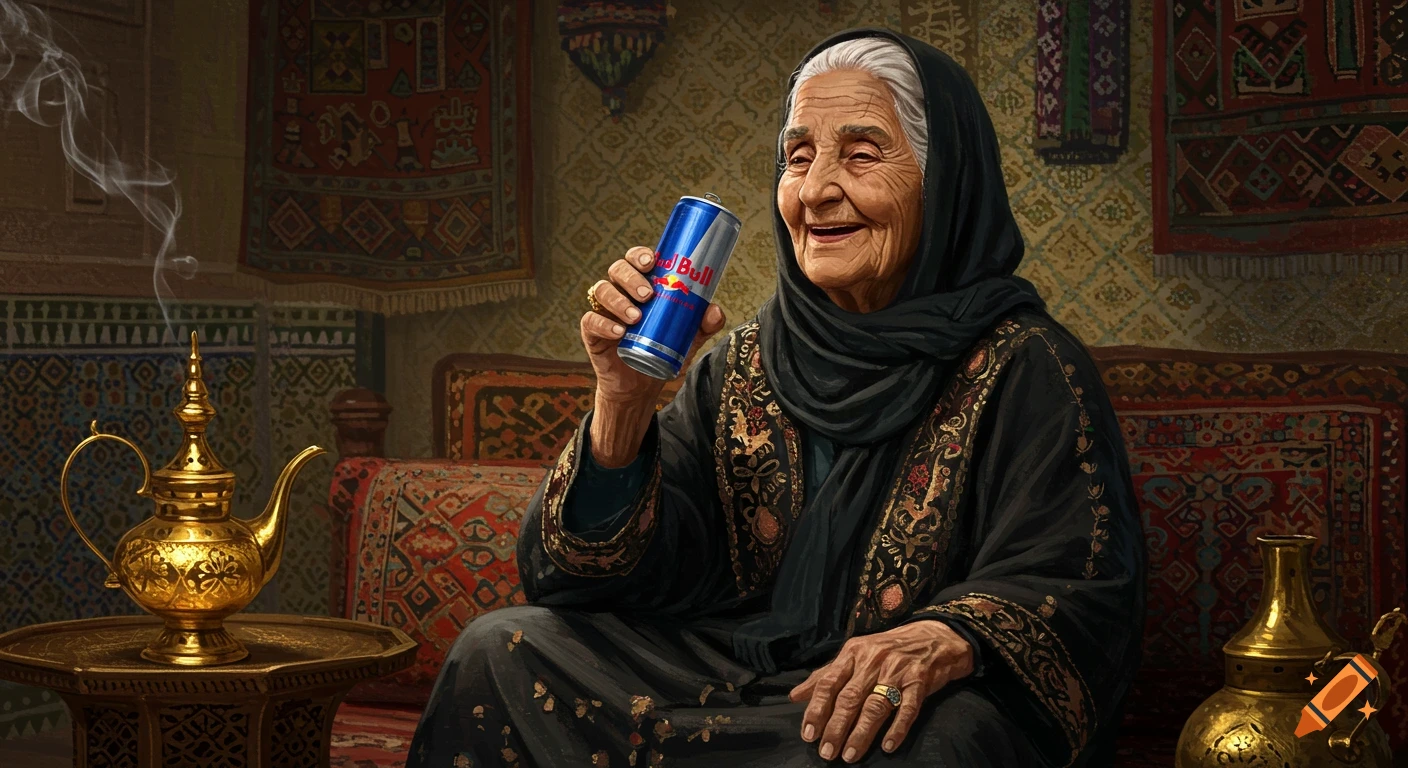 Elderly Arabic woman in black headscarf smiling, holding a Red Bull can in a richly decorated traditional room, painted.