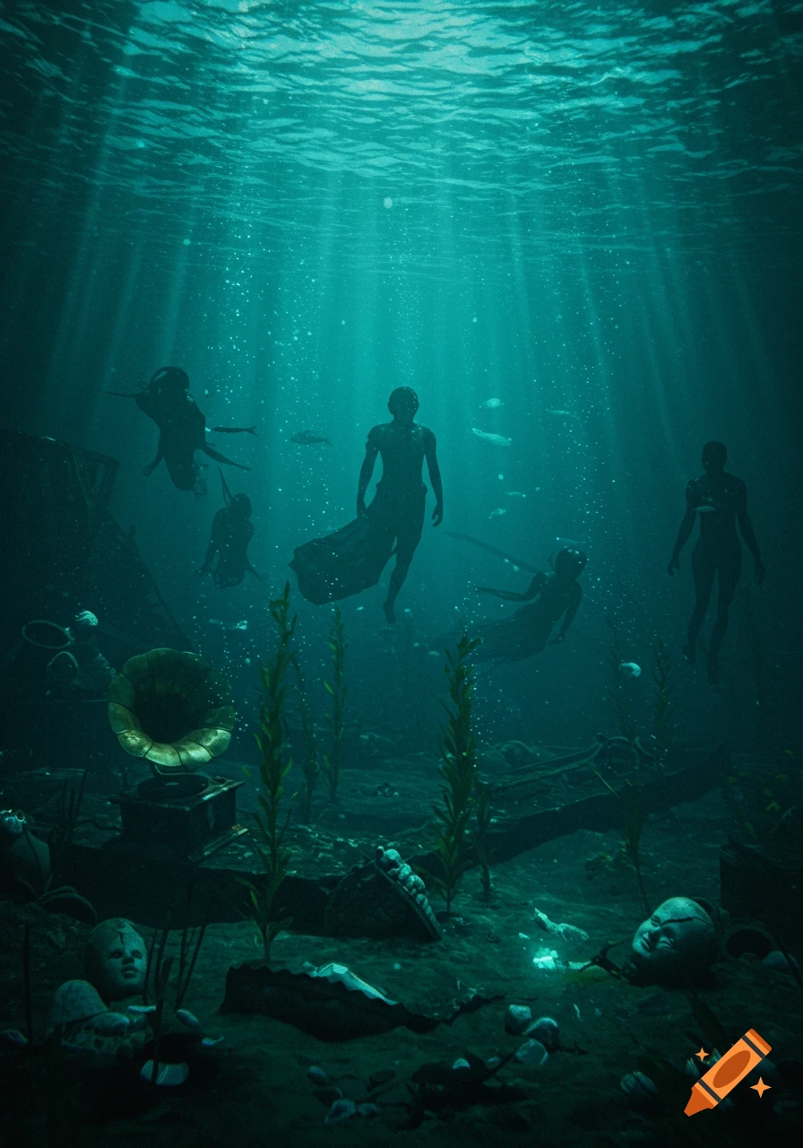 An ominous underwater scene with silhouetted figures swimming above a seabed littered with a gramophone and broken doll heads in murky teal water.