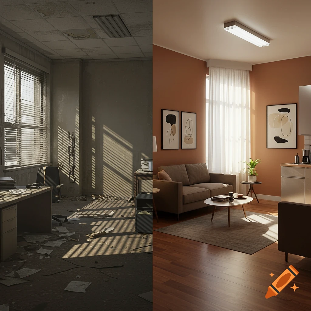 A split image showing a messy, abandoned office on the left and a clean, modern studio apartment on the right.