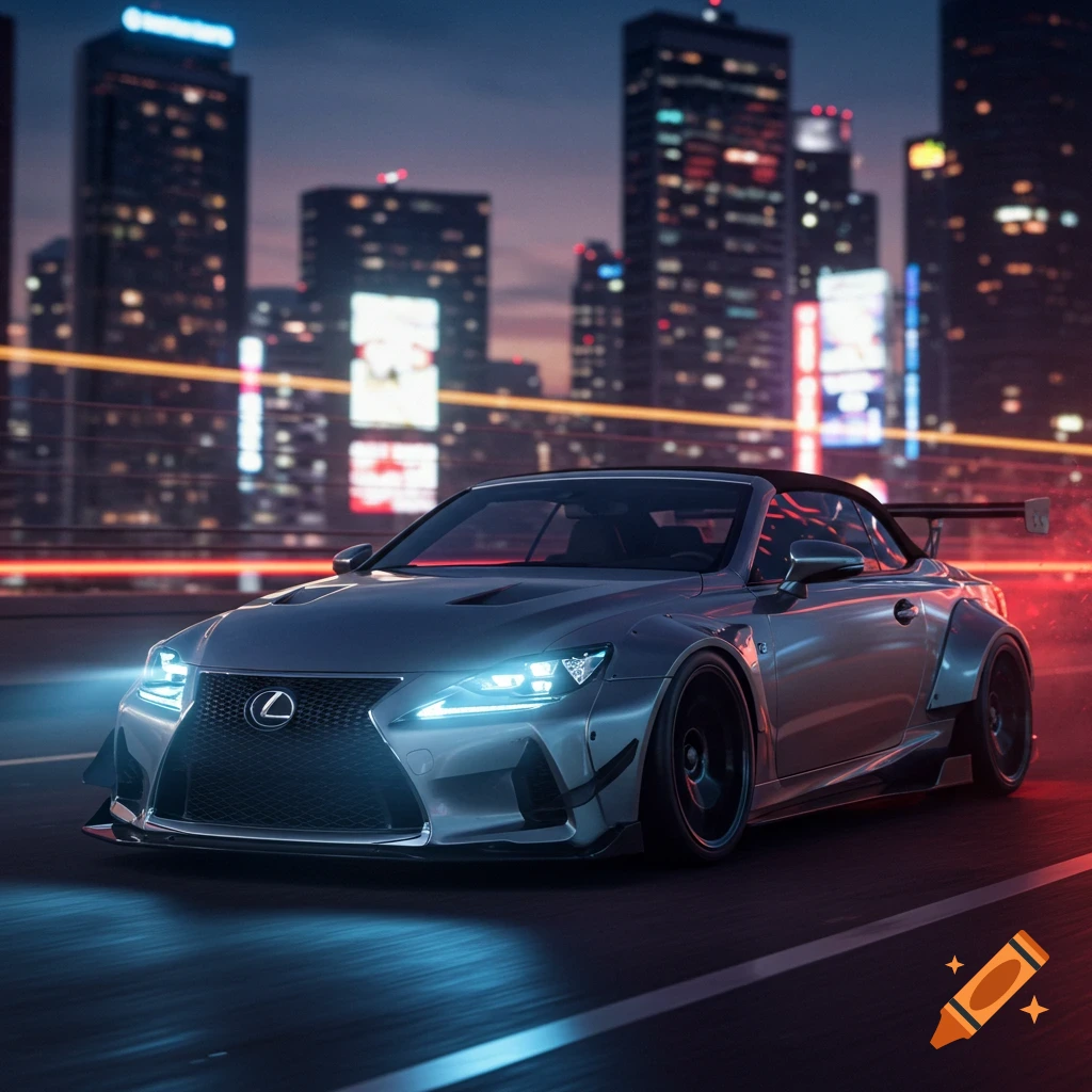 A silver Lexus ISC convertible with a wide body kit drives on a city street at night, illuminated by neon lights.