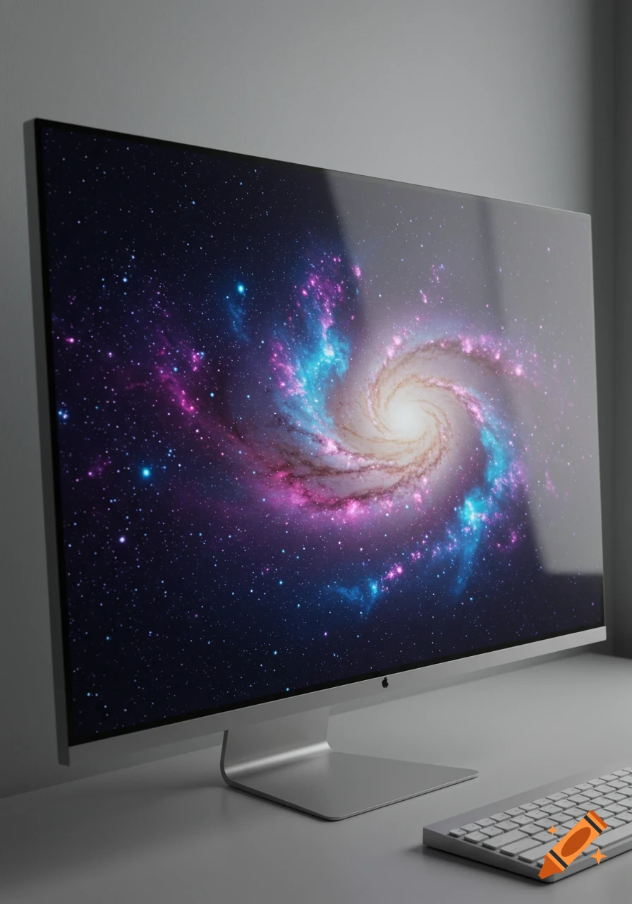 A silver computer monitor displaying a vibrant pink and blue spiral galaxy wallpaper, with a white keyboard nearby.