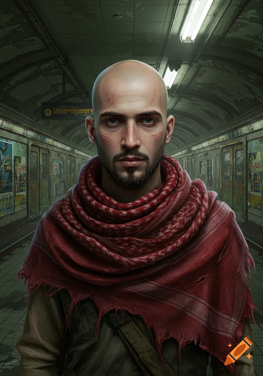 A bald man with facial scars and a chin beard wears a tattered red keffiyeh in a dark, grimy post-apocalyptic metro station, looking intensely forward.