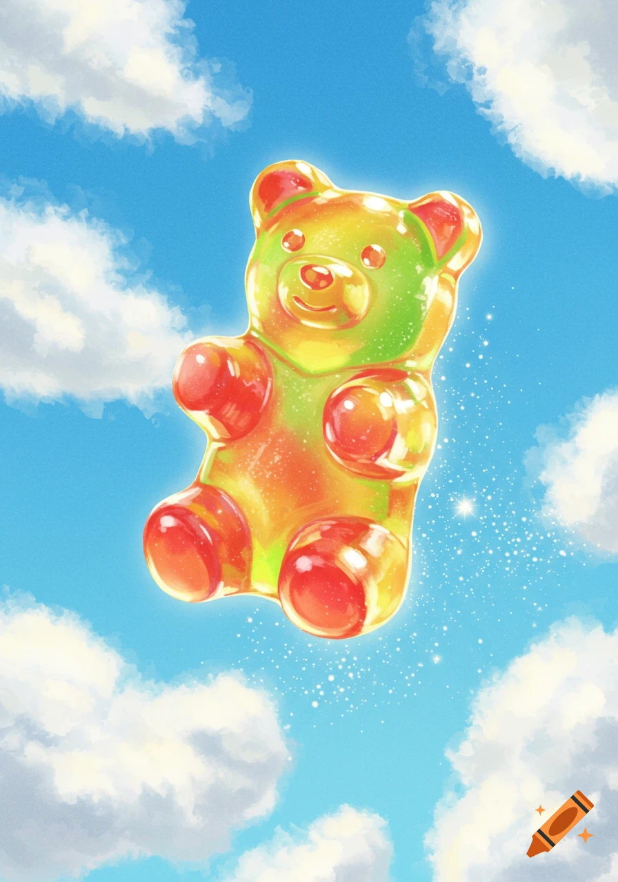 Colorful, translucent gummy bear with red, orange, green, and yellow hues floats in a bright blue sky with fluffy white clouds and sparkles in an illustrative style.