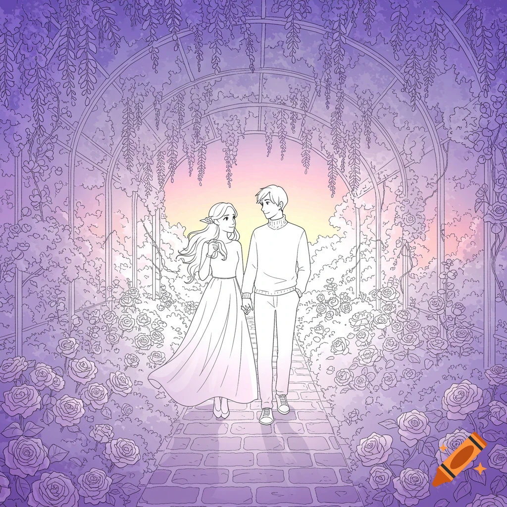 A line art coloring book illustration of a couple holding hands, walking through a wisteria and rose covered garden arch at sunset.