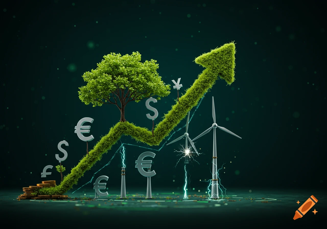 A conceptual infographic shows a mossy green arrow rising, with a tree, currency symbols, wind turbines, and lightning bolts on a dark green background.