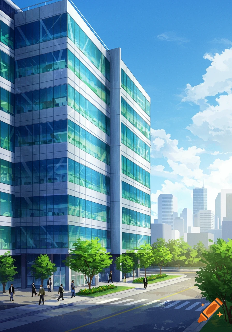 Anime style illustration of a modern glass office building with trees and people on a sidewalk in a city.