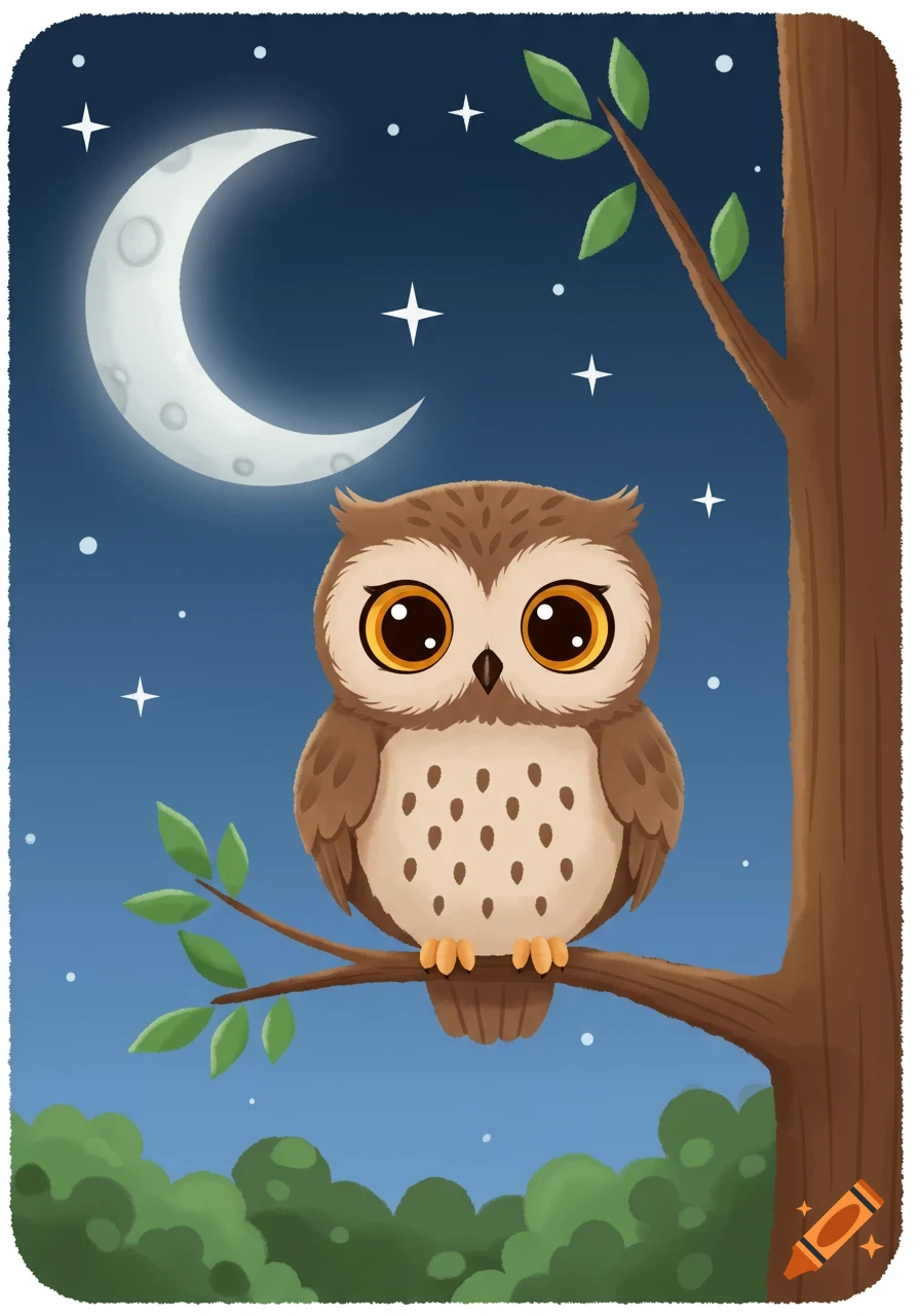 A child-friendly cartoon owl with big eyes sits on a tree branch at night, with a crescent moon, stars, and green foliage.
