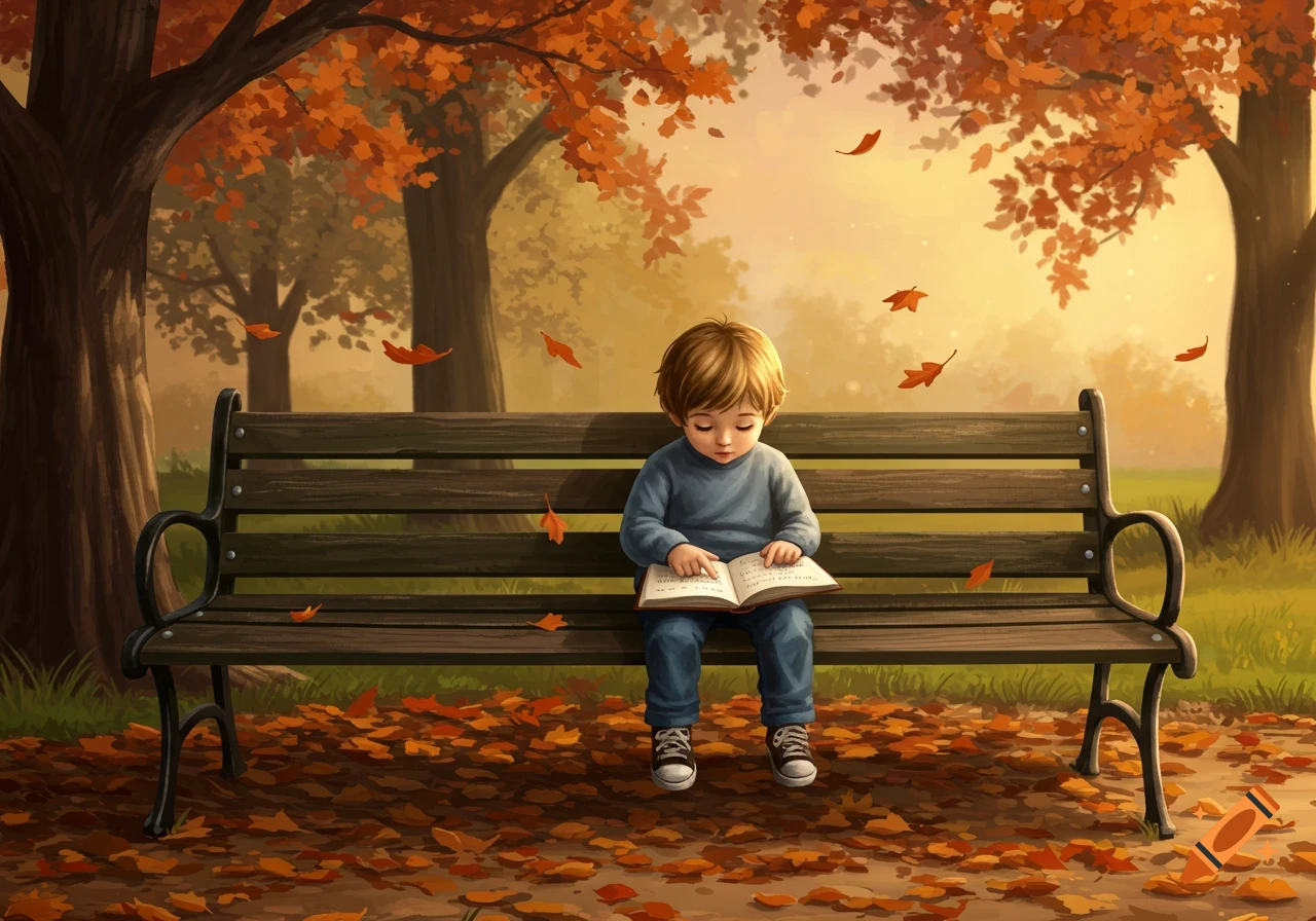 An illustration of a young boy in a blue shirt sitting on a park bench reading a book amidst falling autumn leaves.