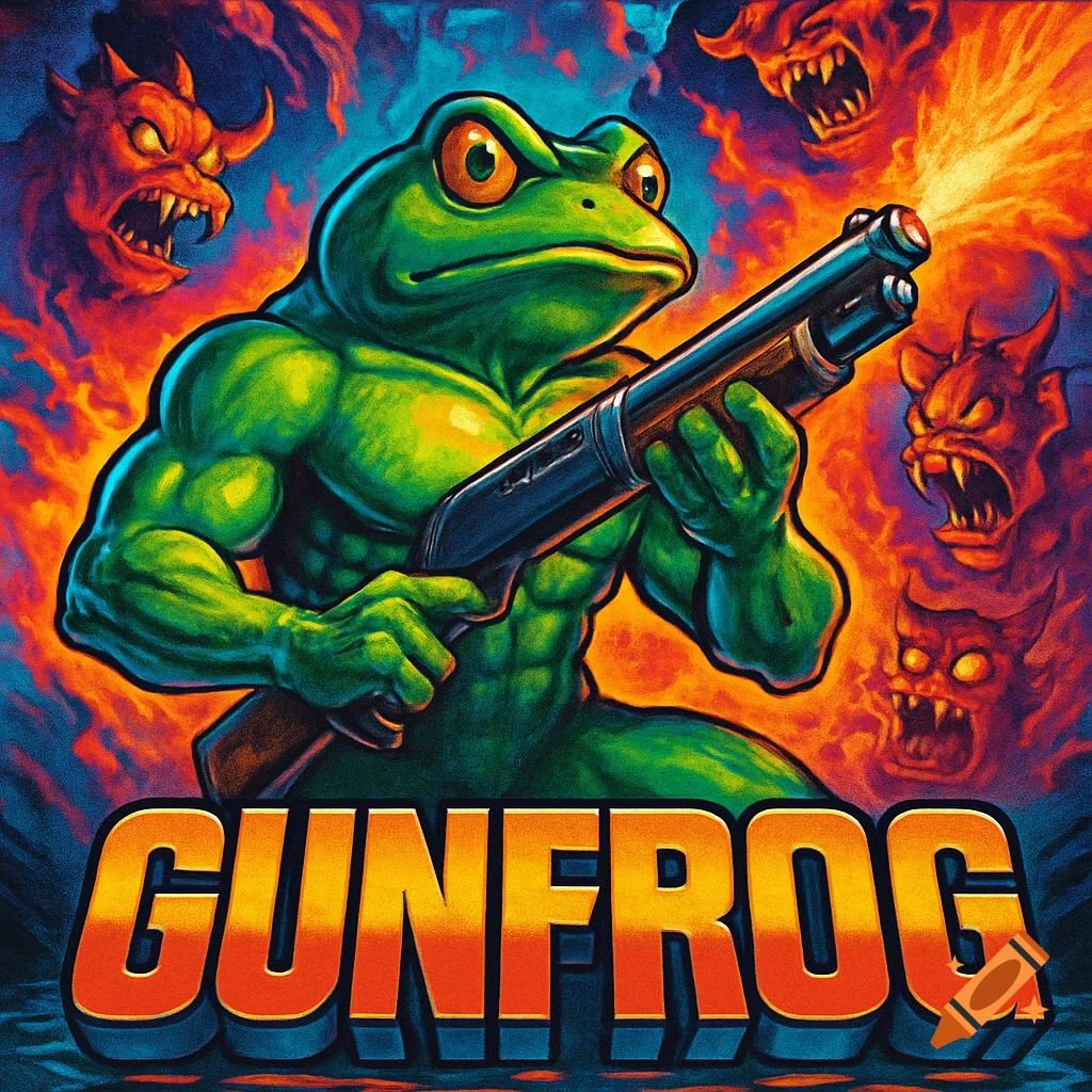 A muscular green frog holding a shotgun battles red demons in fiery, 90s video game box art with 'GUNFROG' title.