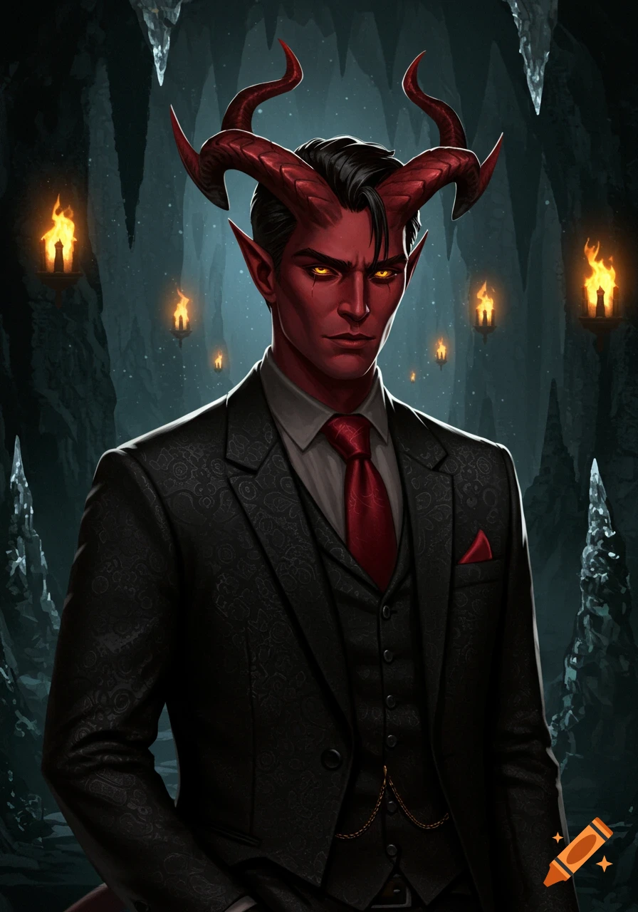 A handsome red-skinned, horned man in a black patterned suit and red tie stands in a torch-lit ice cave. Digital art.