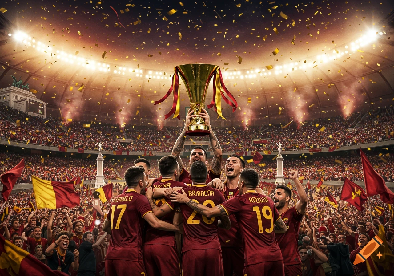 A soccer team in red jerseys celebrates winning a golden trophy in a massive stadium filled with cheering fans and falling confetti.
