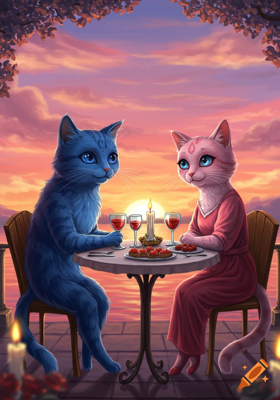 An illustration of a blue cat and a pink cat on a romantic aperitif at a table by the water at sunset.