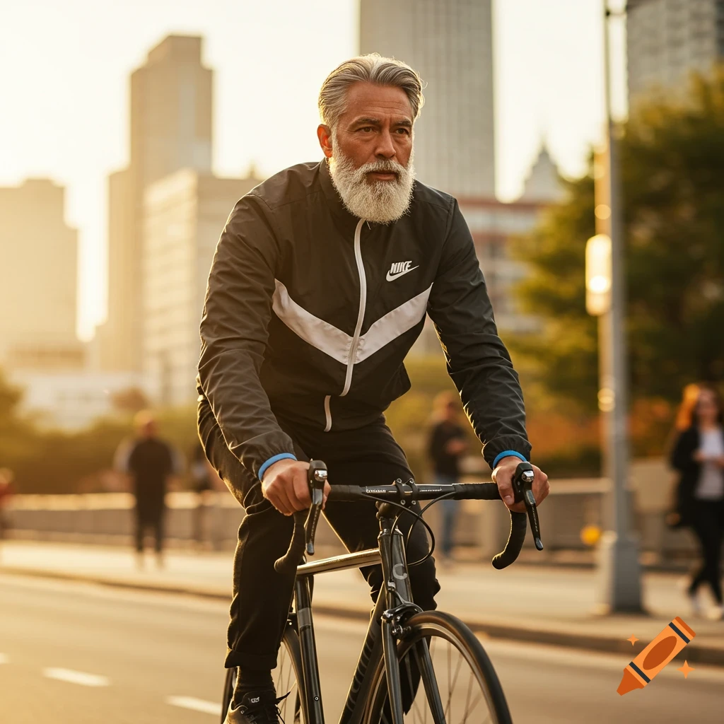 A gray-haired, bearded man in a Nike jacket rides a bicycle down a city street at golden hour.