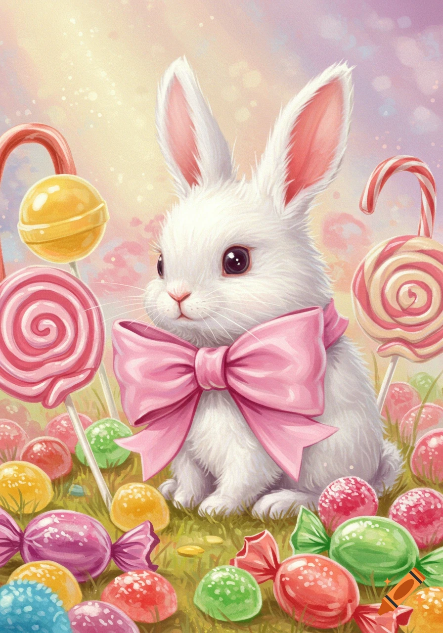 A fluffy white bunny with a pink bow sits among colorful lollipops and wrapped candies in a whimsical, pastel setting.