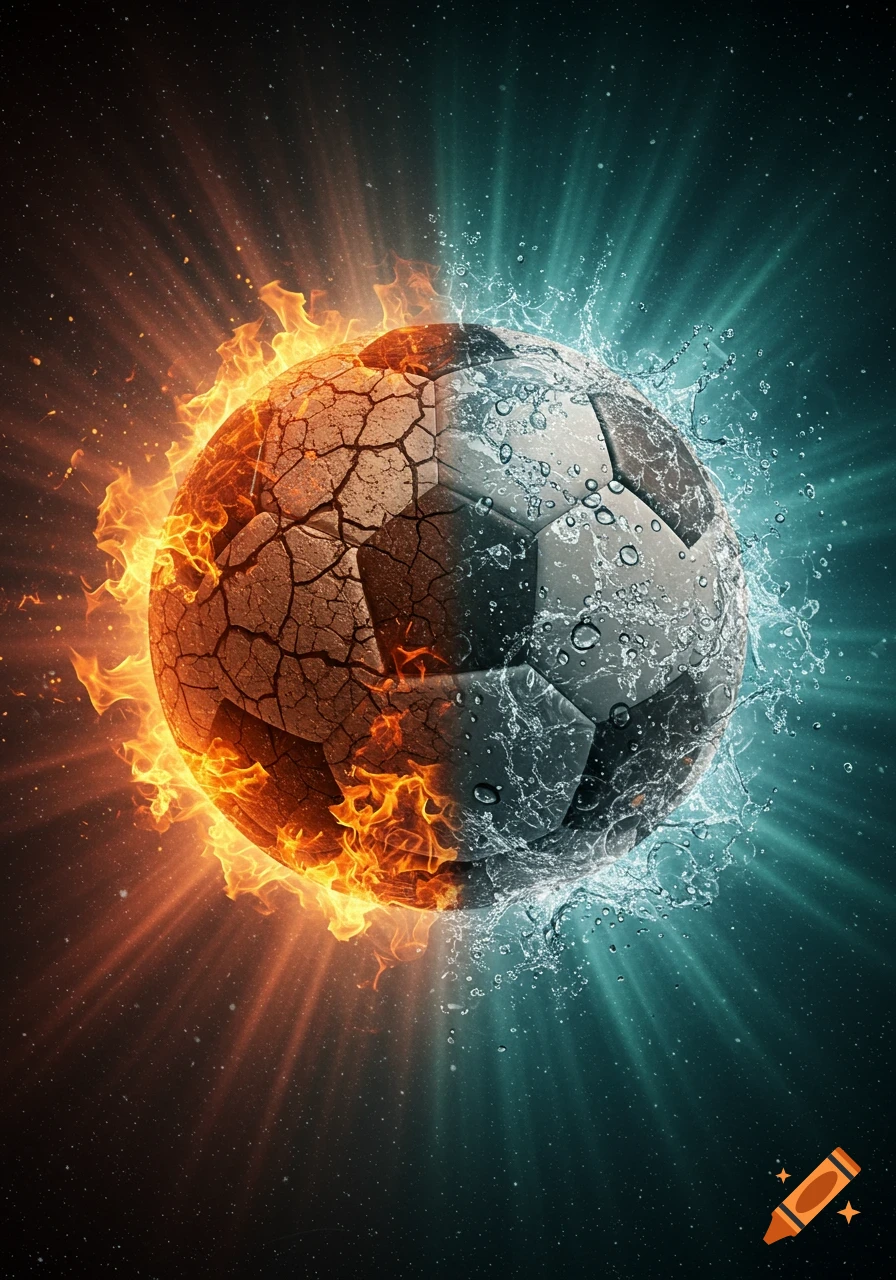 A soccer ball split in half, one side engulfed in fire and cracked earth, the other splashing with water, against a dark starry background.