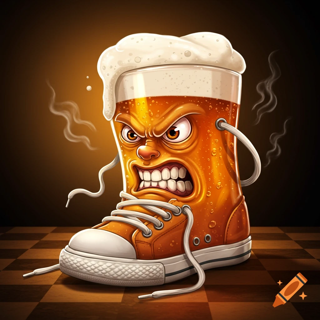 Cartoon illustration of an angry, personified beer glass integrated into an orange sneaker, on a checkered floor.