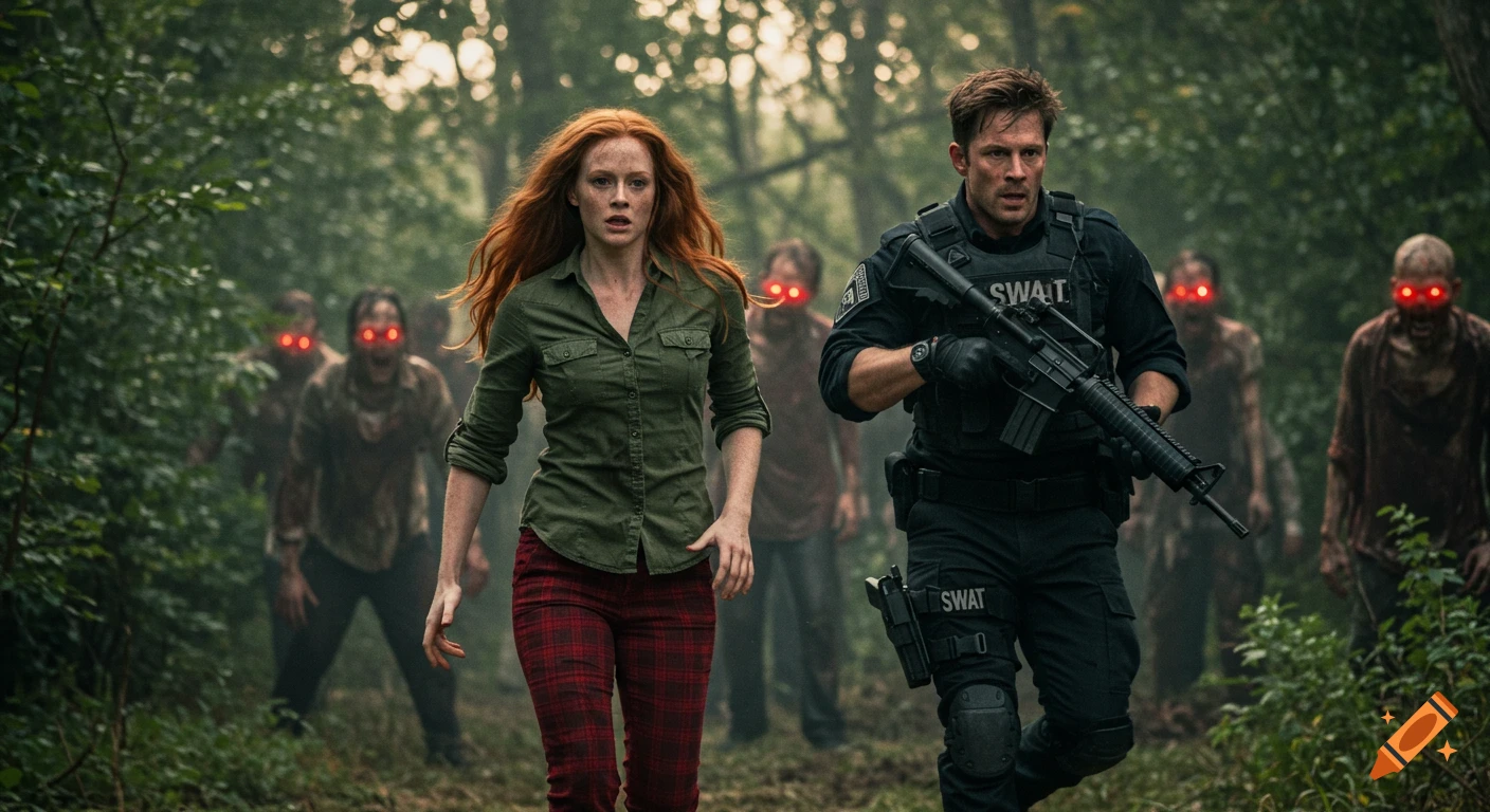 A red-haired woman and a man in a tactical uniform run through a forest, pursued by red-eyed zombies in a photorealistic style.