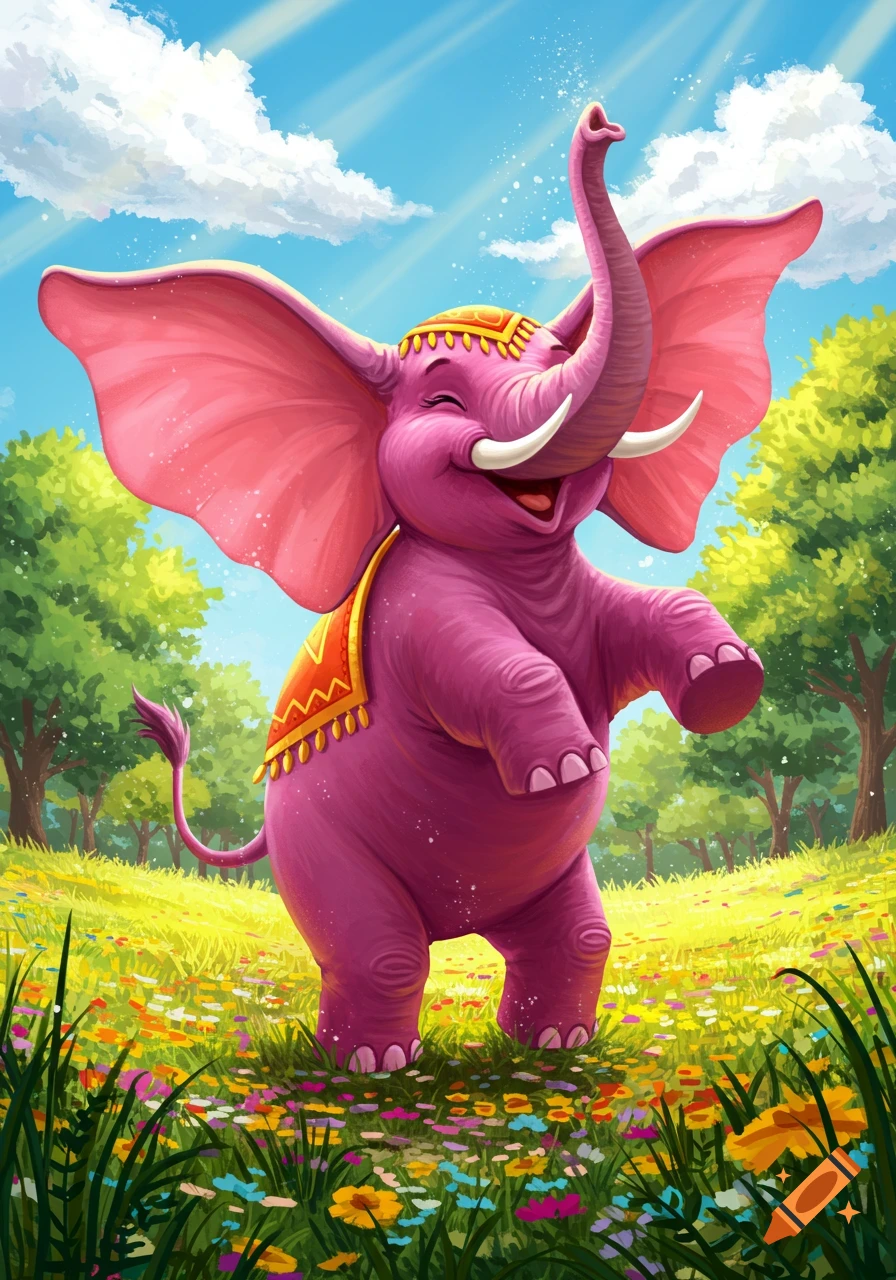 A happy, bright pink cartoon elephant with large ears and white tusks dances in a vibrant, sunlit field of colorful flowers.