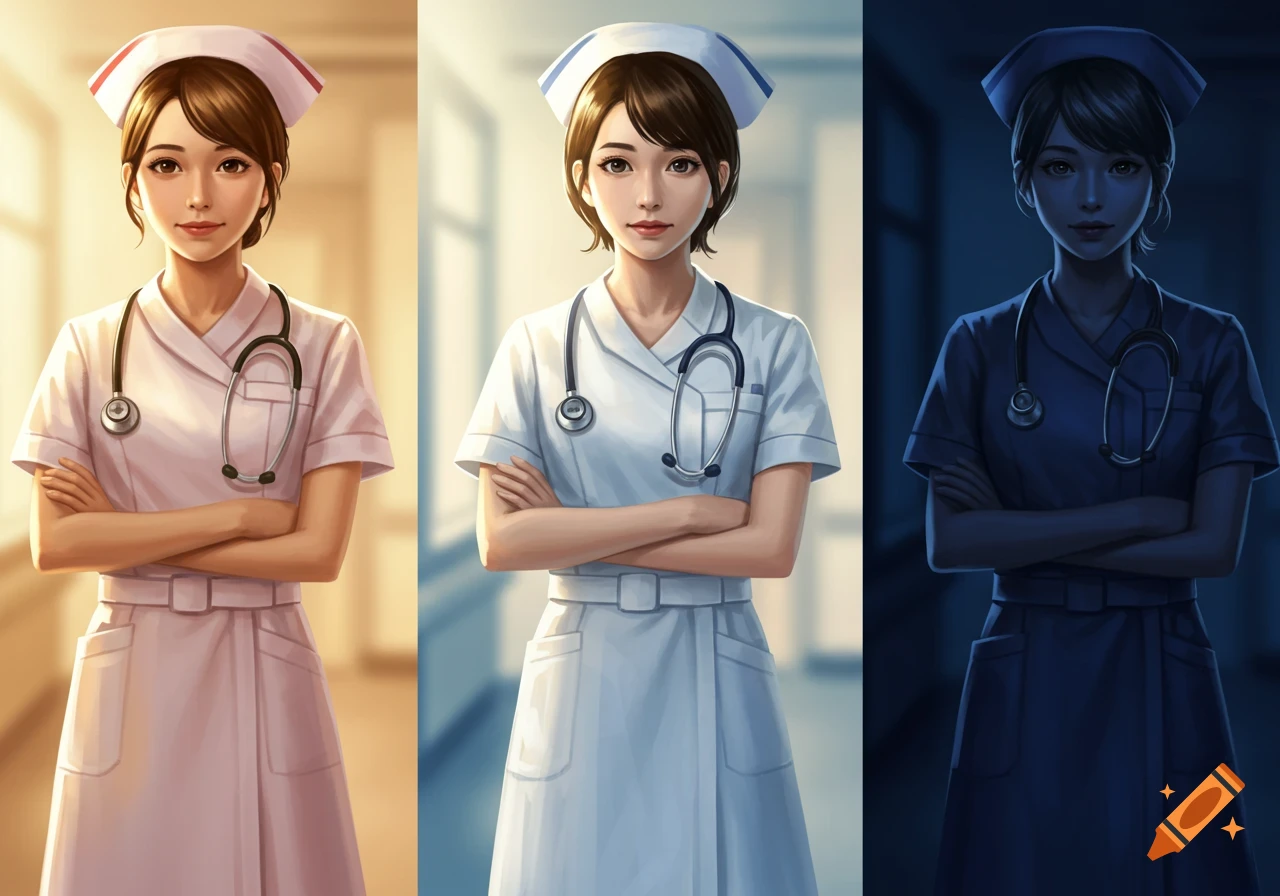 Three anime illustration nurses stand side-by-side, representing morning, noon, and night shifts with pink, light blue, and dark blue uniforms.