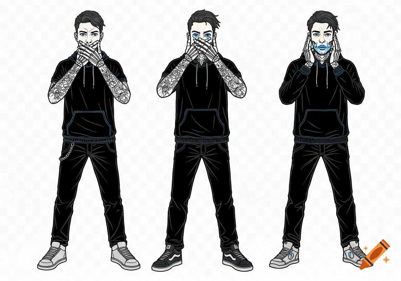 Three men in black streetwear, with skeletal hands in 'speak no evil, see no evil, hear no evil' poses, graphic illustration.