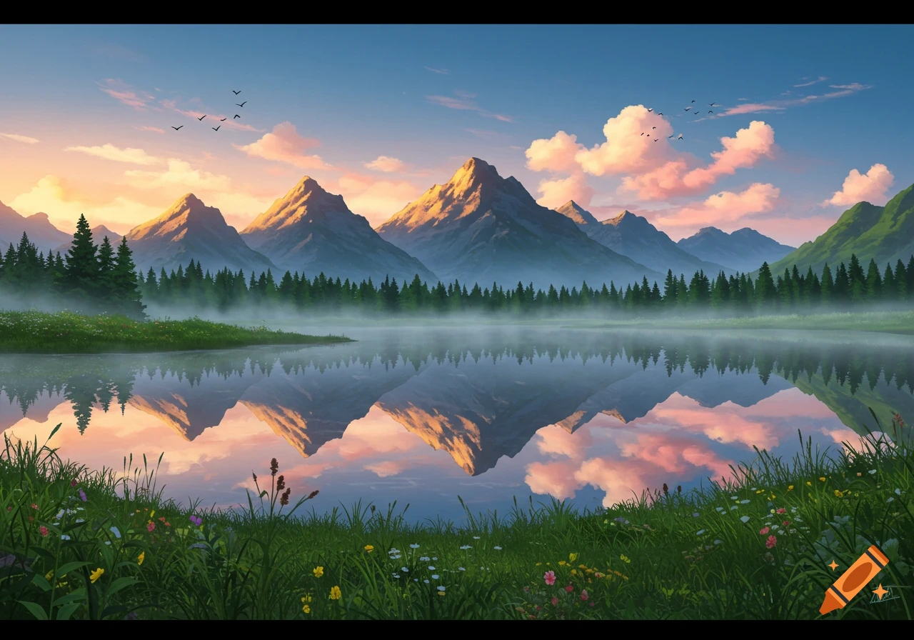 A serene mountain landscape at sunrise, with a lake reflecting mountains and a forest, surrounded by flowery grass.